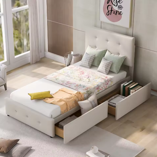 Gestoffeerd Kinderbed 90×200 cm met Twee Lades – Eenpersoons Jeugdbed / Logeerbed