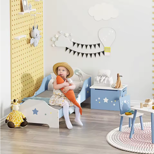 Kinderbed +3 Jaar met Sterrenprint – Laag Bed met Zijpanelen, 143 × 74 × 59 cm