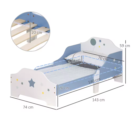 Kinderbed +3 Jaar met Sterrenprint – Laag Bed met Zijpanelen, 143 × 74 × 59 cm