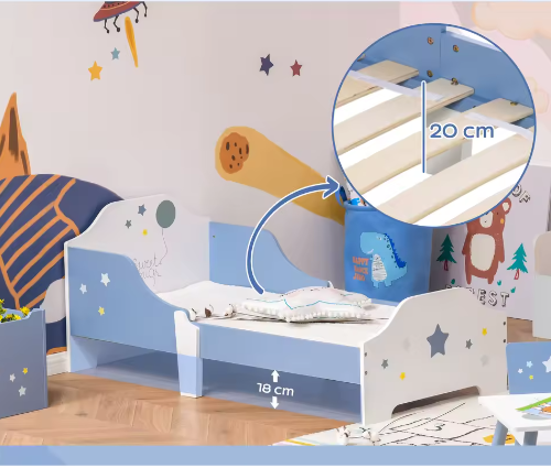 Kinderbed +3 Jaar met Sterrenprint – Laag Bed met Zijpanelen, 143 × 74 × 59 cm