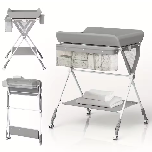 Opvouwbare Babycommode met Wielen, Zijmand en Kledingstang – Draagbare Luiertafel