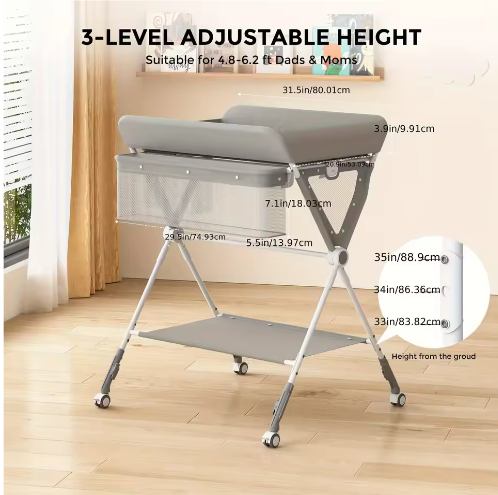 Opvouwbare Babycommode met Wielen, Zijmand en Kledingstang – Draagbare Luiertafel