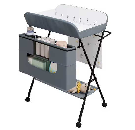 In Hoogte Verstelbare Opvouwbare Babycommode met Wielen en Opbergmand