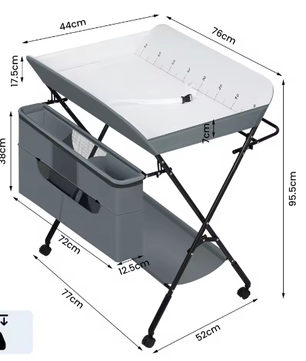 In Hoogte Verstelbare Opvouwbare Babycommode met Wielen en Opbergmand