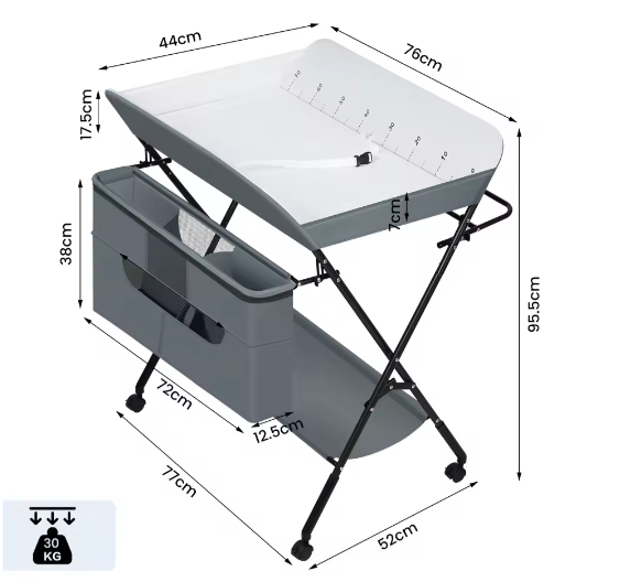 In Hoogte Verstelbare Opvouwbare Babycommode met Wielen en Opbergmand