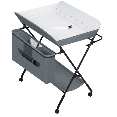 In Hoogte Verstelbare Opvouwbare Babycommode met Wielen en Opbergmand