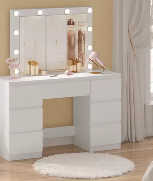 Kaptafel met Grote Spiegel en LED Verlichting – Make-up Dressoir met 7 Laden en Oplaadaansluiting, Modern Vanity Bureau