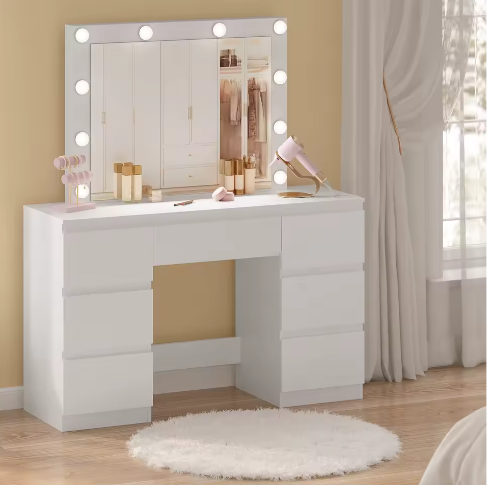 Kaptafel met Grote Spiegel en LED Verlichting – Make-up Dressoir met 7 Laden en Oplaadaansluiting, Modern Vanity Bureau