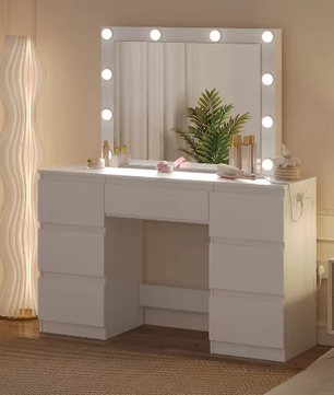 Kaptafel met Grote Spiegel en LED Verlichting – Make-up Dressoir met 7 Laden en Oplaadaansluiting, Modern Vanity Bureau