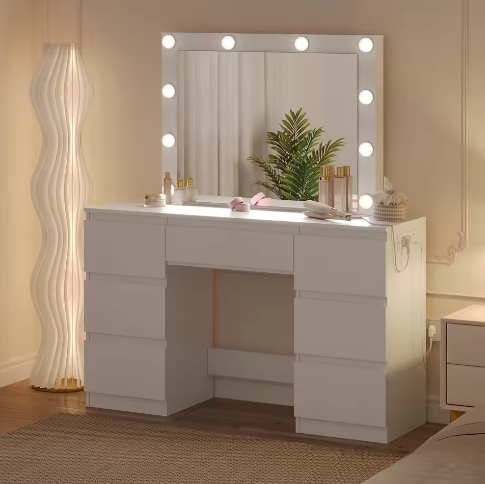 Kaptafel met Grote Spiegel en LED Verlichting – Make-up Dressoir met 7 Laden en Oplaadaansluiting, Modern Vanity Bureau