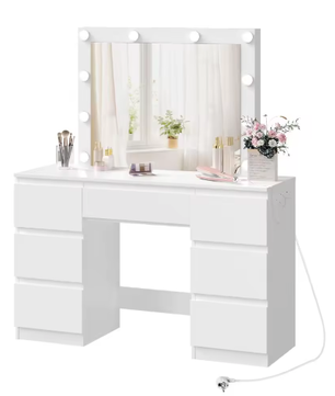 Kaptafel met Grote Spiegel en LED Verlichting – Make-up Dressoir met 7 Laden en Oplaadaansluiting, Modern Vanity Bureau