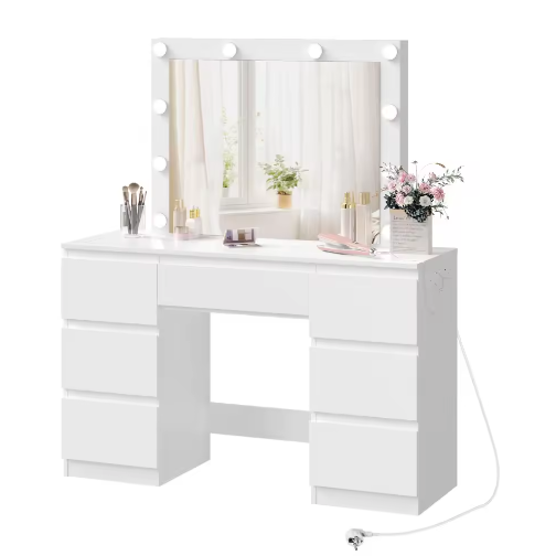 Kaptafel met Grote Spiegel en LED Verlichting – Make-up Dressoir met 7 Laden en Oplaadaansluiting, Modern Vanity Bureau