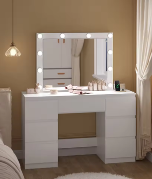 Kaptafel met Grote Spiegel en LED Verlichting – Make-up Dressoir met 7 Laden en Oplaadaansluiting, Modern Vanity Bureau