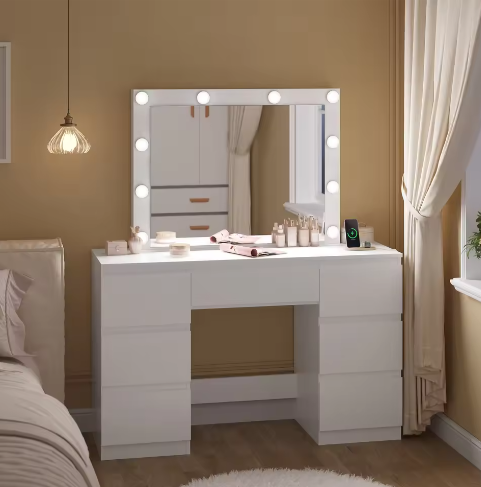 Kaptafel met Grote Spiegel en LED Verlichting – Make-up Dressoir met 7 Laden en Oplaadaansluiting, Modern Vanity Bureau