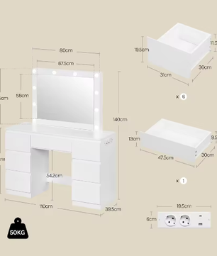 Kaptafel met Grote Spiegel en LED Verlichting – Make-up Dressoir met 7 Laden en Oplaadaansluiting, Modern Vanity Bureau