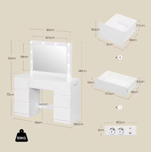 Kaptafel met Grote Spiegel en LED Verlichting – Make-up Dressoir met 7 Laden en Oplaadaansluiting, Modern Vanity Bureau
