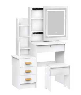 Kaptafel met Schuifspiegel en Kruk – Make-up Bureau met LED Verlichting en 4 Lades