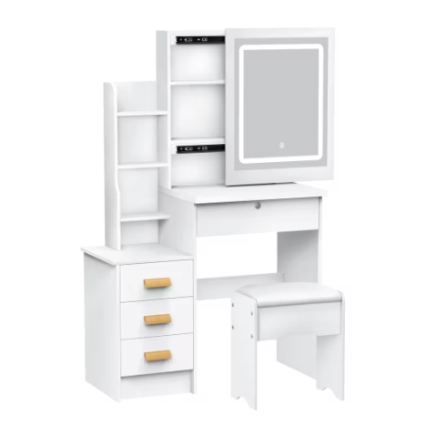 Kaptafel met Schuifspiegel en Kruk – Make-up Bureau met LED Verlichting en 4 Lades