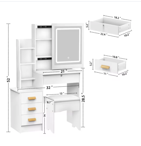 Kaptafel met Schuifspiegel en Kruk – Make-up Bureau met LED Verlichting en 4 Lades