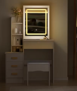 Kaptafel met Schuifspiegel en Kruk – Make-up Bureau met LED Verlichting en 4 Lades
