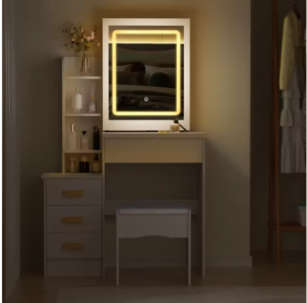 Kaptafel met Schuifspiegel en Kruk – Make-up Bureau met LED Verlichting en 4 Lades