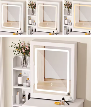 Kaptafel met Schuifspiegel en Kruk – Make-up Bureau met LED Verlichting en 4 Lades