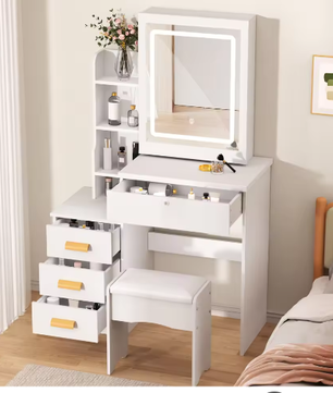 Kaptafel met Schuifspiegel en Kruk – Make-up Bureau met LED Verlichting en 4 Lades