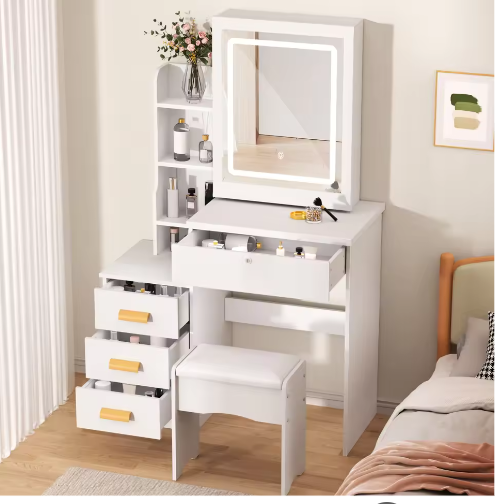 Kaptafel met Schuifspiegel en Kruk – Make-up Bureau met LED Verlichting en 4 Lades