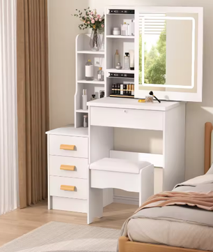 Kaptafel met Schuifspiegel en Kruk – Make-up Bureau met LED Verlichting en 4 Lades