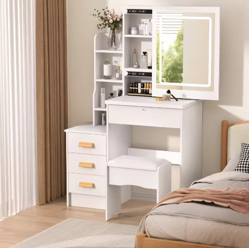 Kaptafel met Schuifspiegel en Kruk – Make-up Bureau met LED Verlichting en 4 Lades