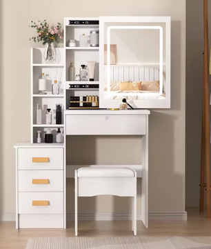 Kaptafel met Schuifspiegel en Kruk – Make-up Bureau met LED Verlichting en 4 Lades