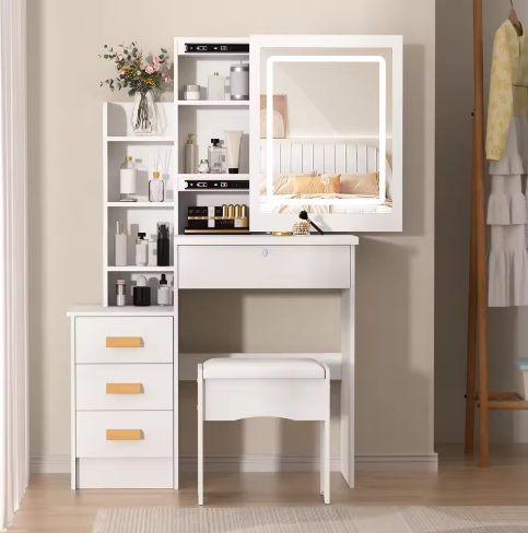 Kaptafel met Schuifspiegel en Kruk – Make-up Bureau met LED Verlichting en 4 Lades
