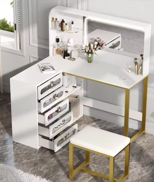Moderne L-Vormige Kaptafel met LED Spiegel, Kruk, 5 Lades en Open Planken