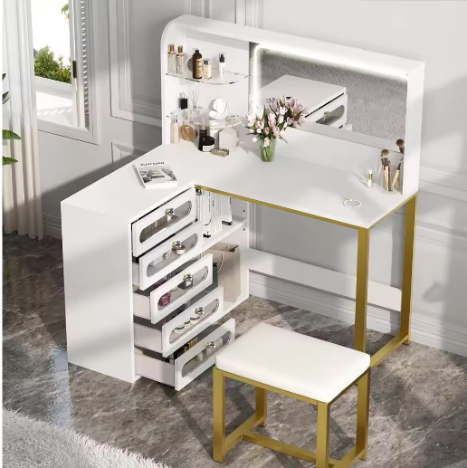 Moderne L-Vormige Kaptafel met LED Spiegel, Kruk, 5 Lades en Open Planken