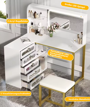 Moderne L-Vormige Kaptafel met LED Spiegel, Kruk, 5 Lades en Open Planken
