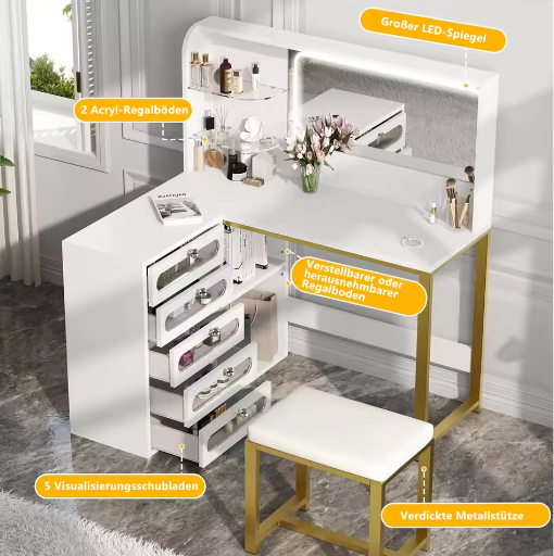 Moderne L-Vormige Kaptafel met LED Spiegel, Kruk, 5 Lades en Open Planken