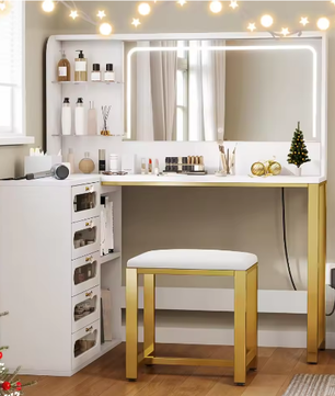 Moderne L-Vormige Kaptafel met LED Spiegel, Kruk, 5 Lades en Open Planken