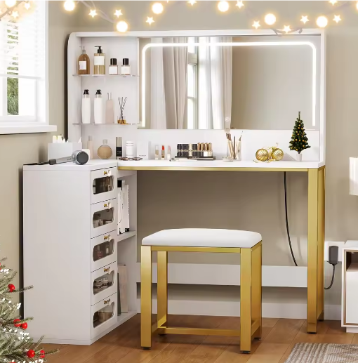 Moderne L-Vormige Kaptafel met LED Spiegel, Kruk, 5 Lades en Open Planken