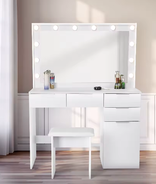 Kaptafel met Grote Spiegel en LED Verlichting – Moderne Make-uptafel met 5 Lades en Kruk