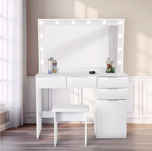 Kaptafel met Grote Spiegel en LED Verlichting – Moderne Make-uptafel met 5 Lades en Kruk