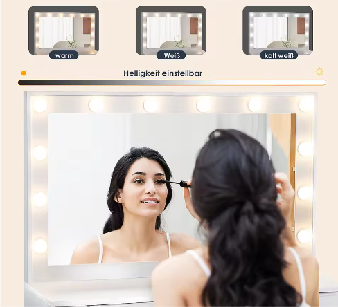 Kaptafel met Grote Spiegel en LED Verlichting – Moderne Make-uptafel met 5 Lades en Kruk
