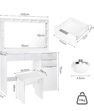 Kaptafel met Grote Spiegel en LED Verlichting – Moderne Make-uptafel met 5 Lades en Kruk