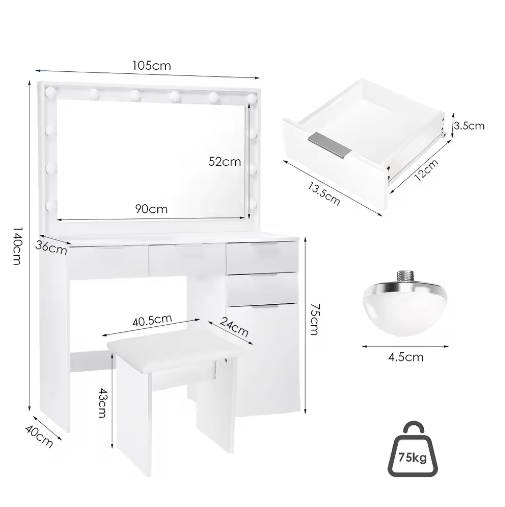 Kaptafel met Grote Spiegel en LED Verlichting – Moderne Make-uptafel met 5 Lades en Kruk