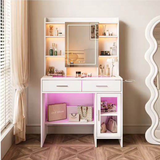 Kaptafel met LED Spiegel en Instelbare Helderheid – Make-uptafel met Lades en USB-Oplaadpoort
