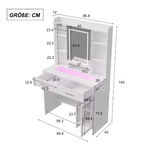 Kaptafel met LED Spiegel en Instelbare Helderheid – Make-uptafel met Lades en USB-Oplaadpoort