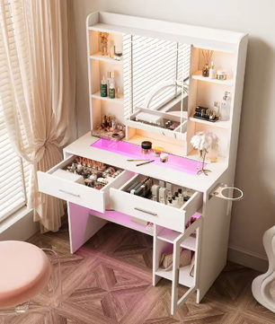 Kaptafel met LED Spiegel en Instelbare Helderheid – Make-uptafel met Lades en USB-Oplaadpoort