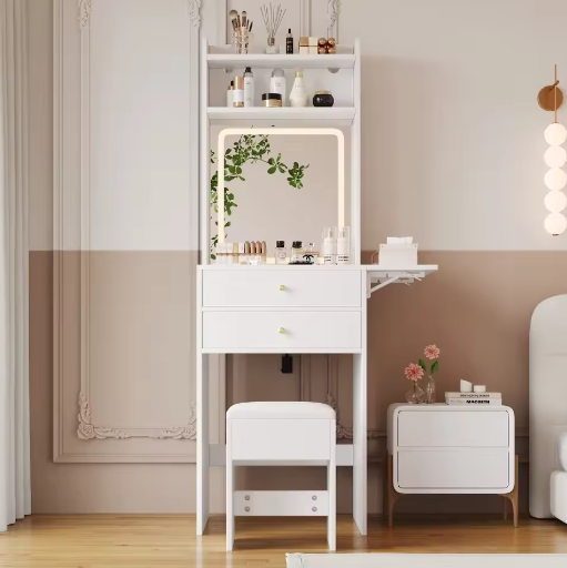 Kaptafel met Verstelbare LED-Verlichting en Kruk – Make-uptafel met Opklapbaar Tafelblad en Opbergruimte