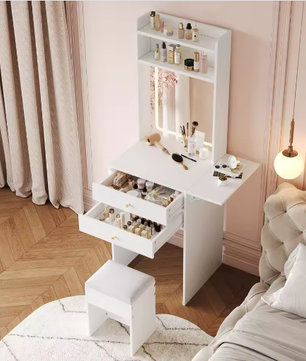 Kaptafel met Verstelbare LED-Verlichting en Kruk – Make-uptafel met Opklapbaar Tafelblad en Opbergruimte