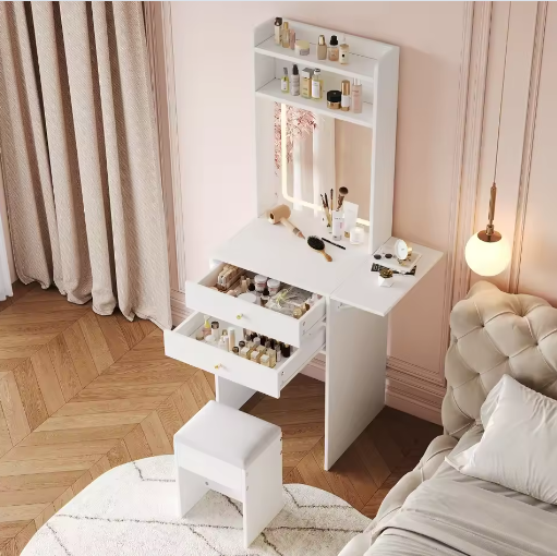 Kaptafel met Verstelbare LED-Verlichting en Kruk – Make-uptafel met Opklapbaar Tafelblad en Opbergruimte