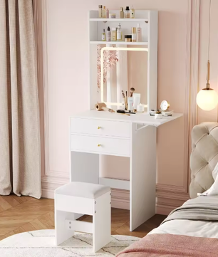 Kaptafel met Verstelbare LED-Verlichting en Kruk – Make-uptafel met Opklapbaar Tafelblad en Opbergruimte